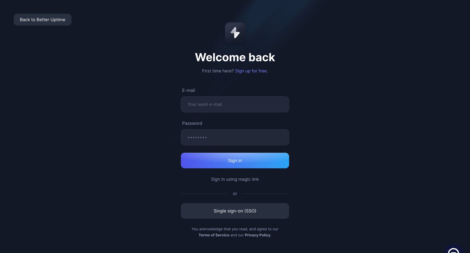 Better Stack - Sign in | Better Uptime screen
