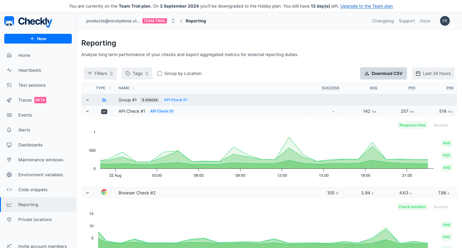 Checkly - Reporting screen