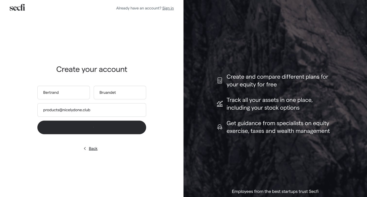 Secfi - Create your account | Secfi screen
