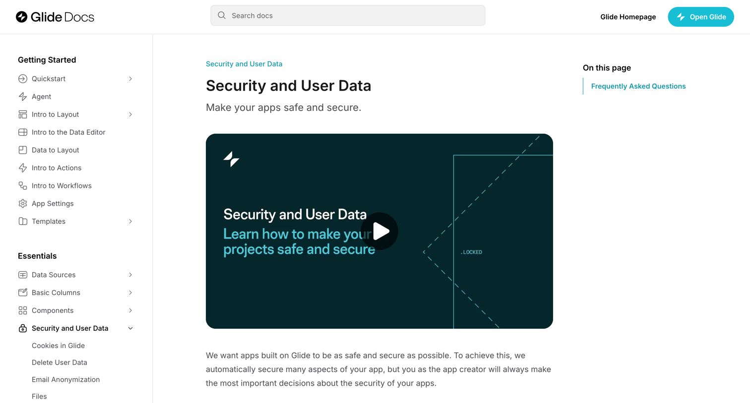 Glide - Security and User Data Glide Docs screen
