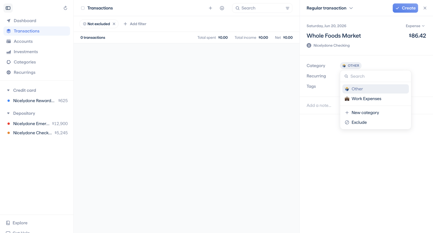 Copilot - Copilot Money | Create Transaction screen