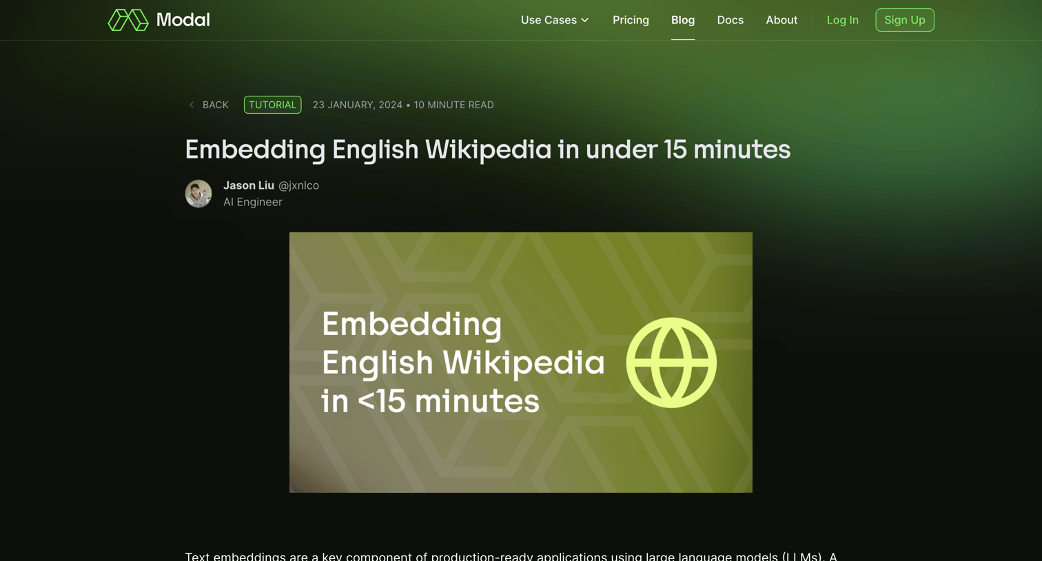 Modal - Embedding English Wikipedia in under 15 minutes | Modal Blog screen