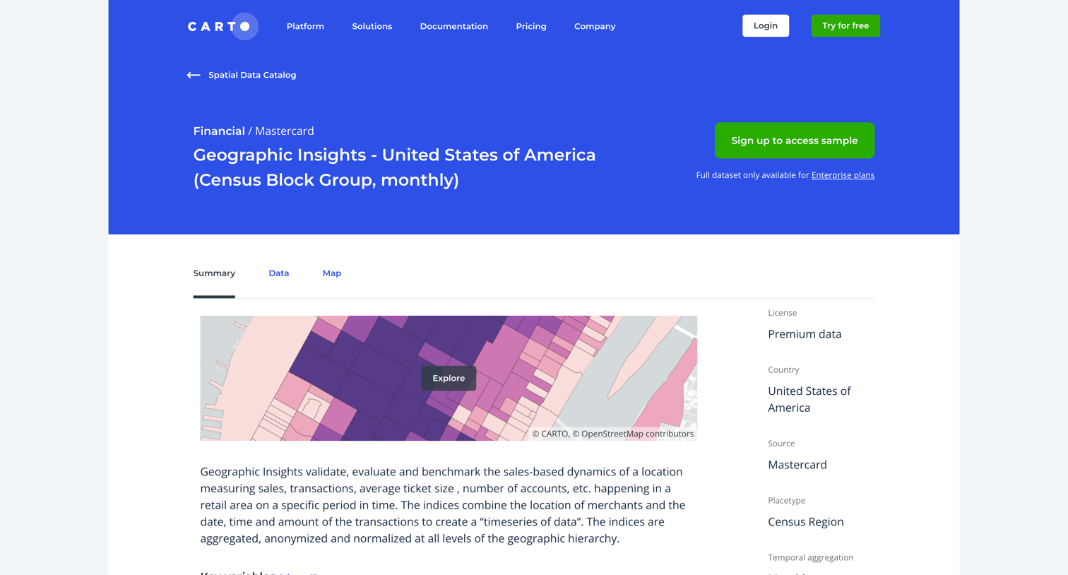 Carto - Geographic Insights - United States of America Census Block Group screen