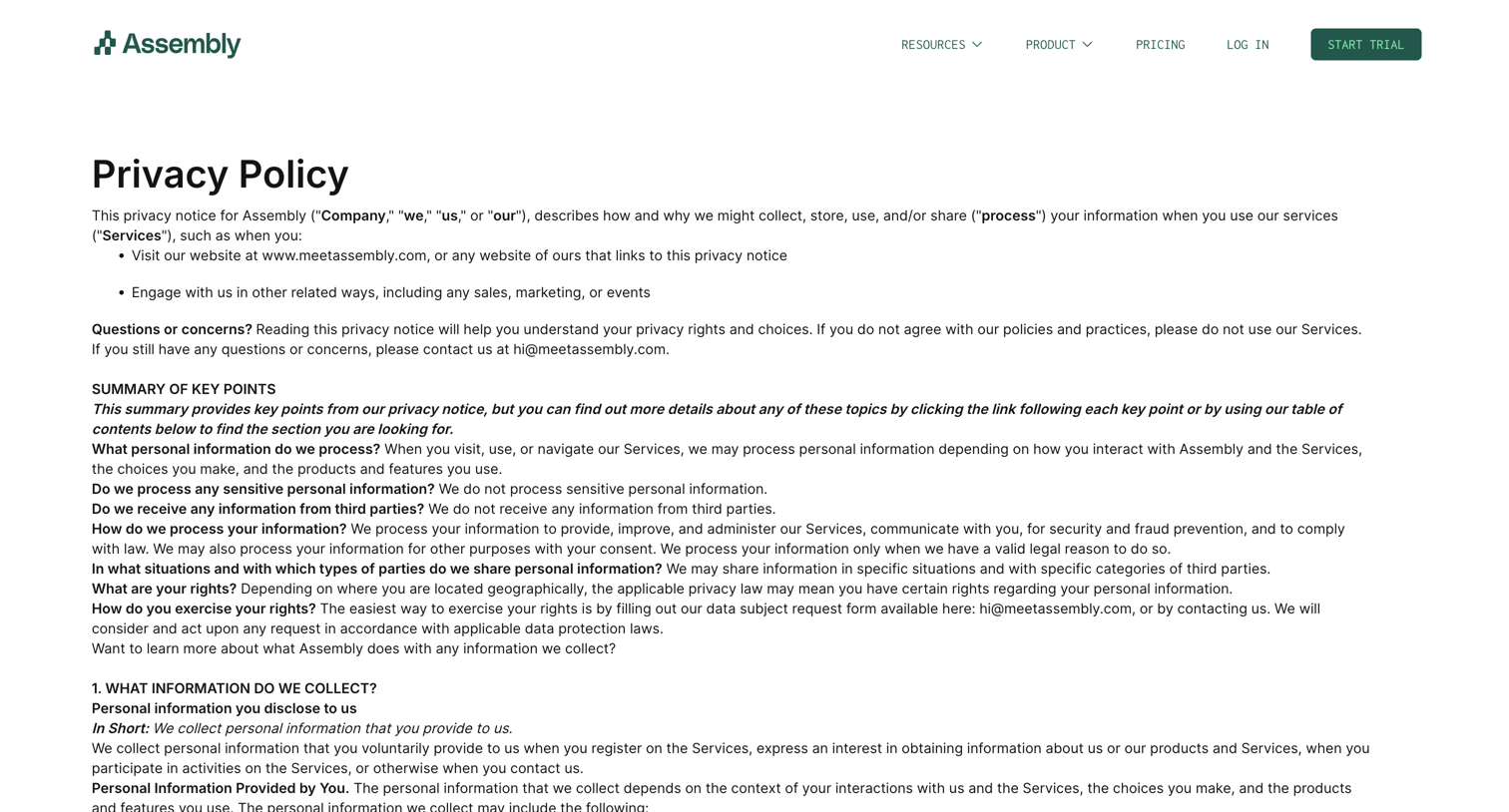 Assembly - Privacy Policy screen