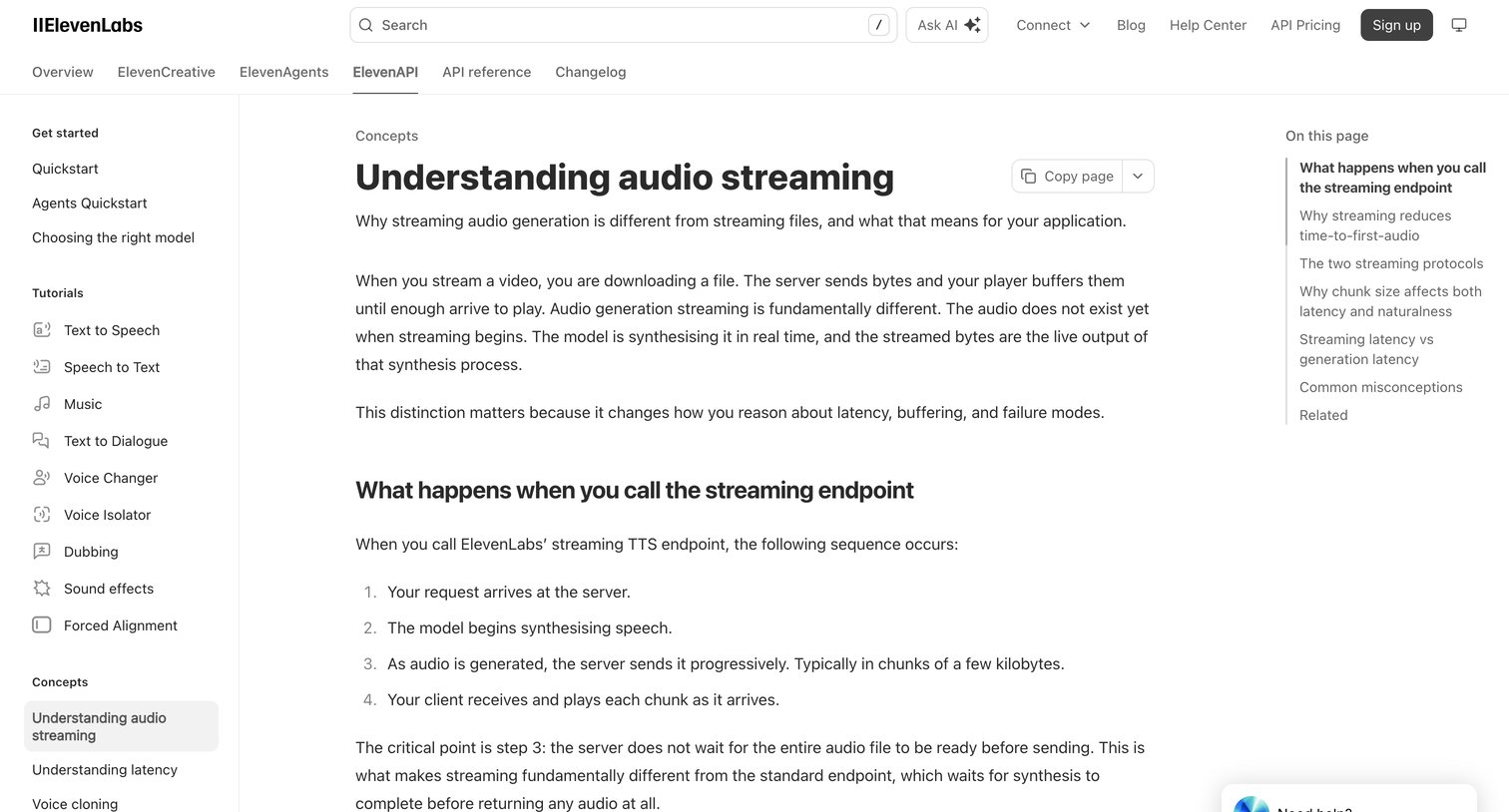 Elevenlabs - Understanding audio streaming ElevenLabs Documentation screen