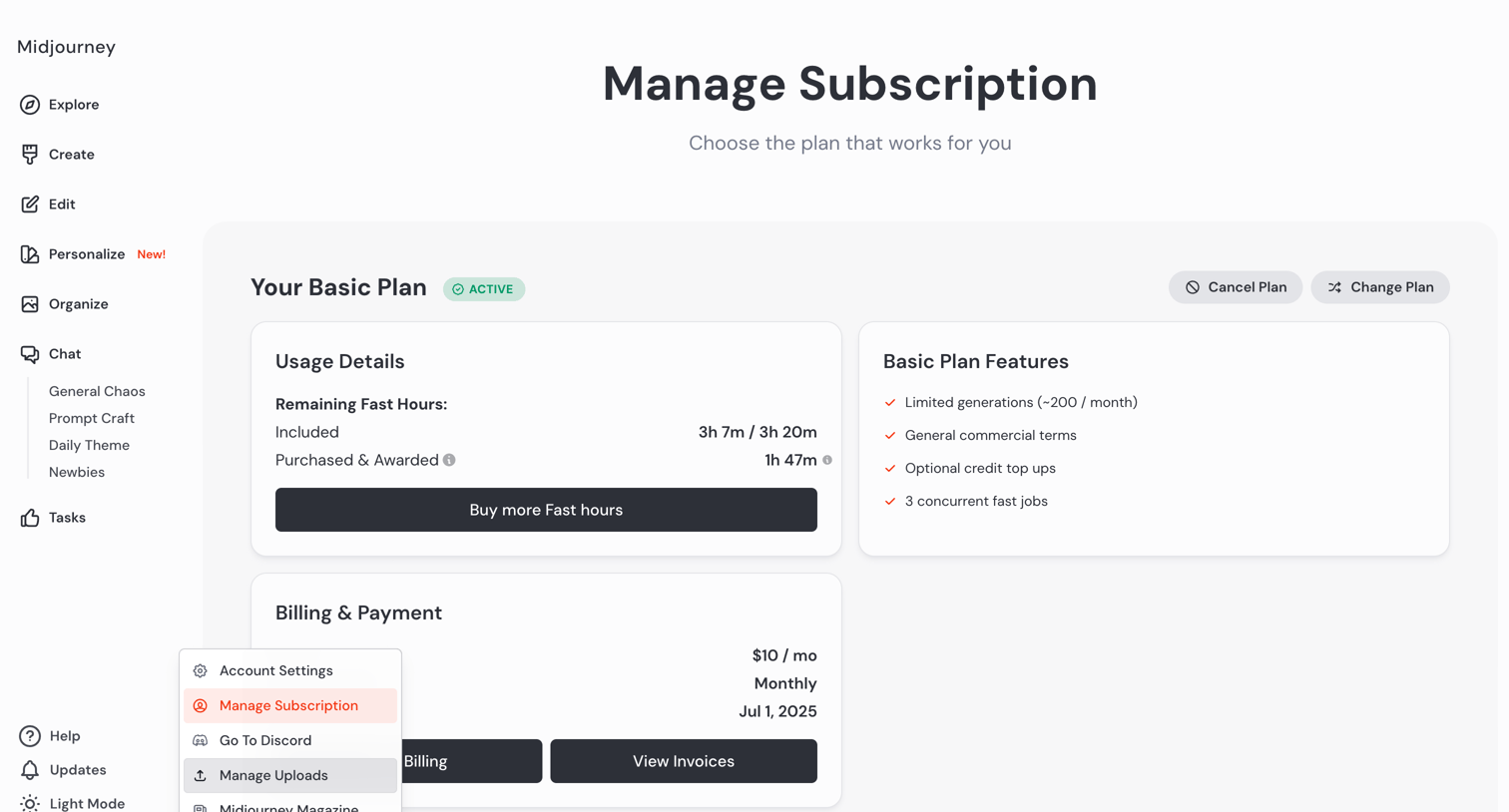Midjourney - Account screen