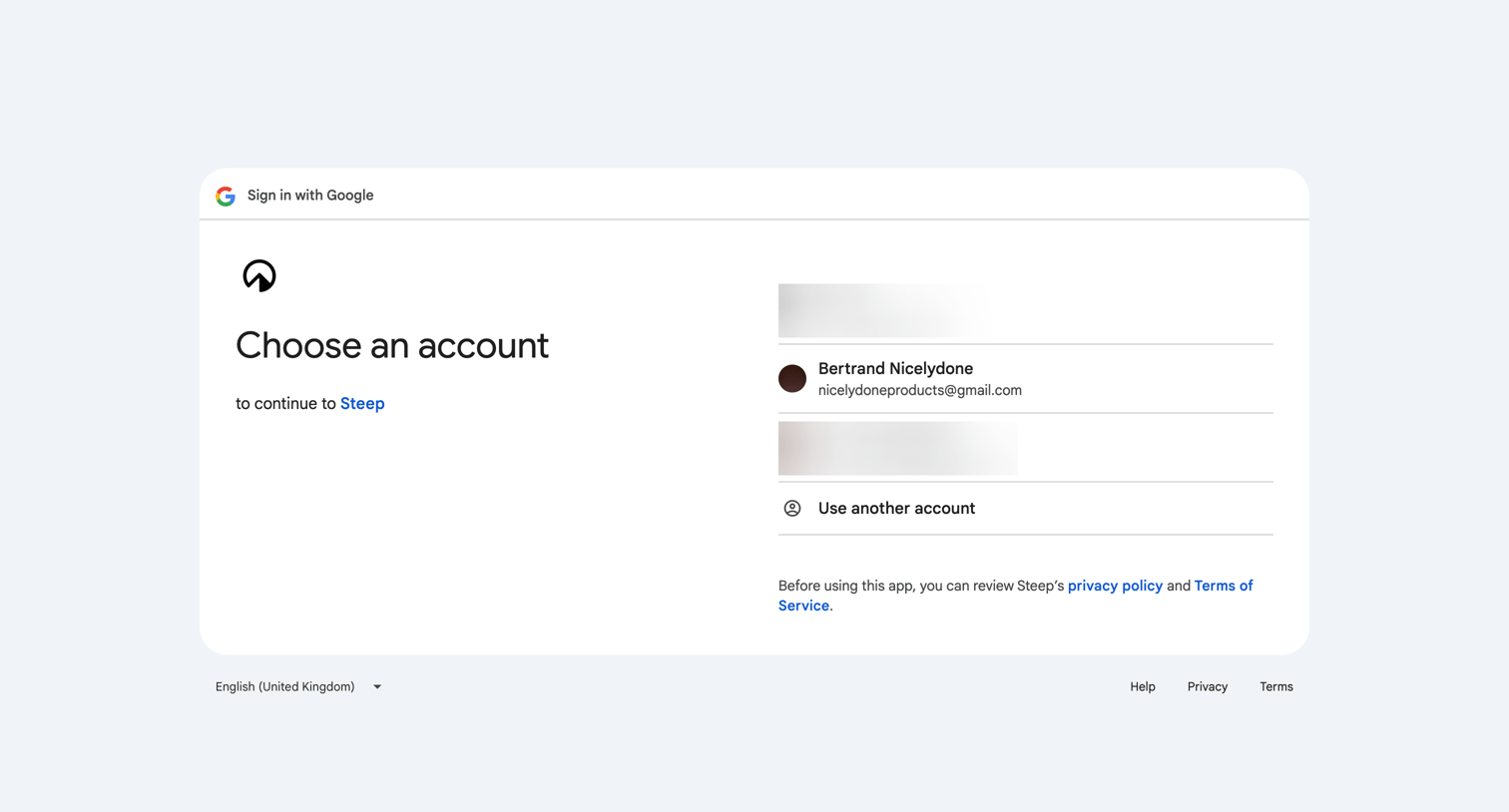 Steep - Sign in – Google accounts screen