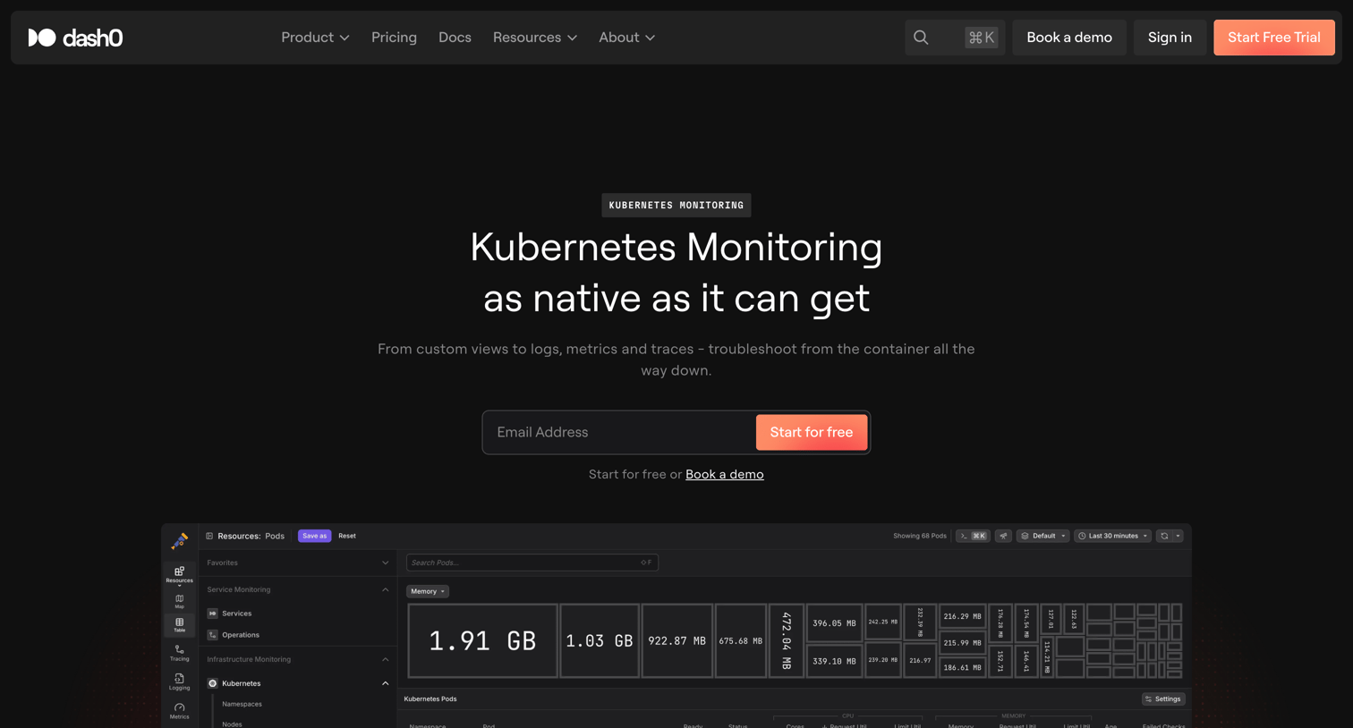 Dash0 - Kubernetes Monitoring · Dash0 screen