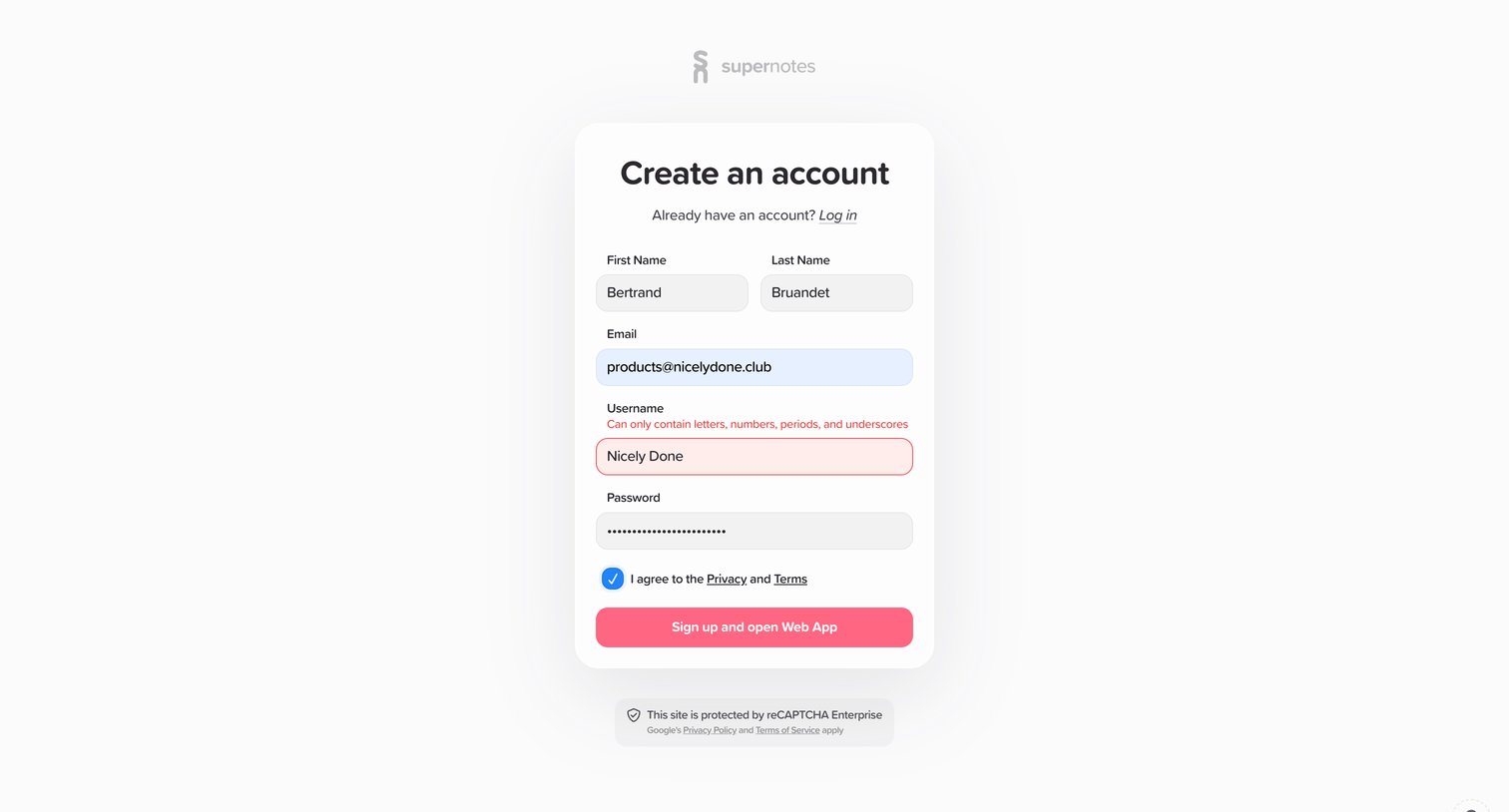 Supernotes screen