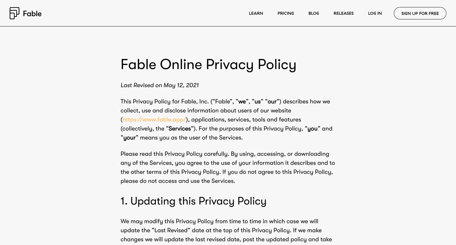 Online Privacy Policy - Fable, Inc. from Fable
