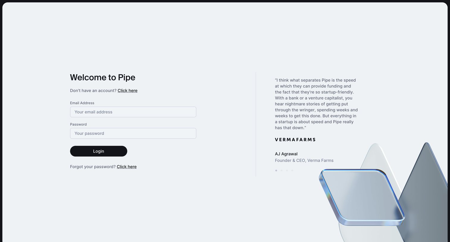 Pipe - Login | Pipe screen
