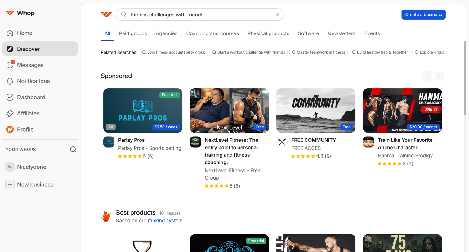 Whop - Search: Fitness challenges with friends | Whop screen
