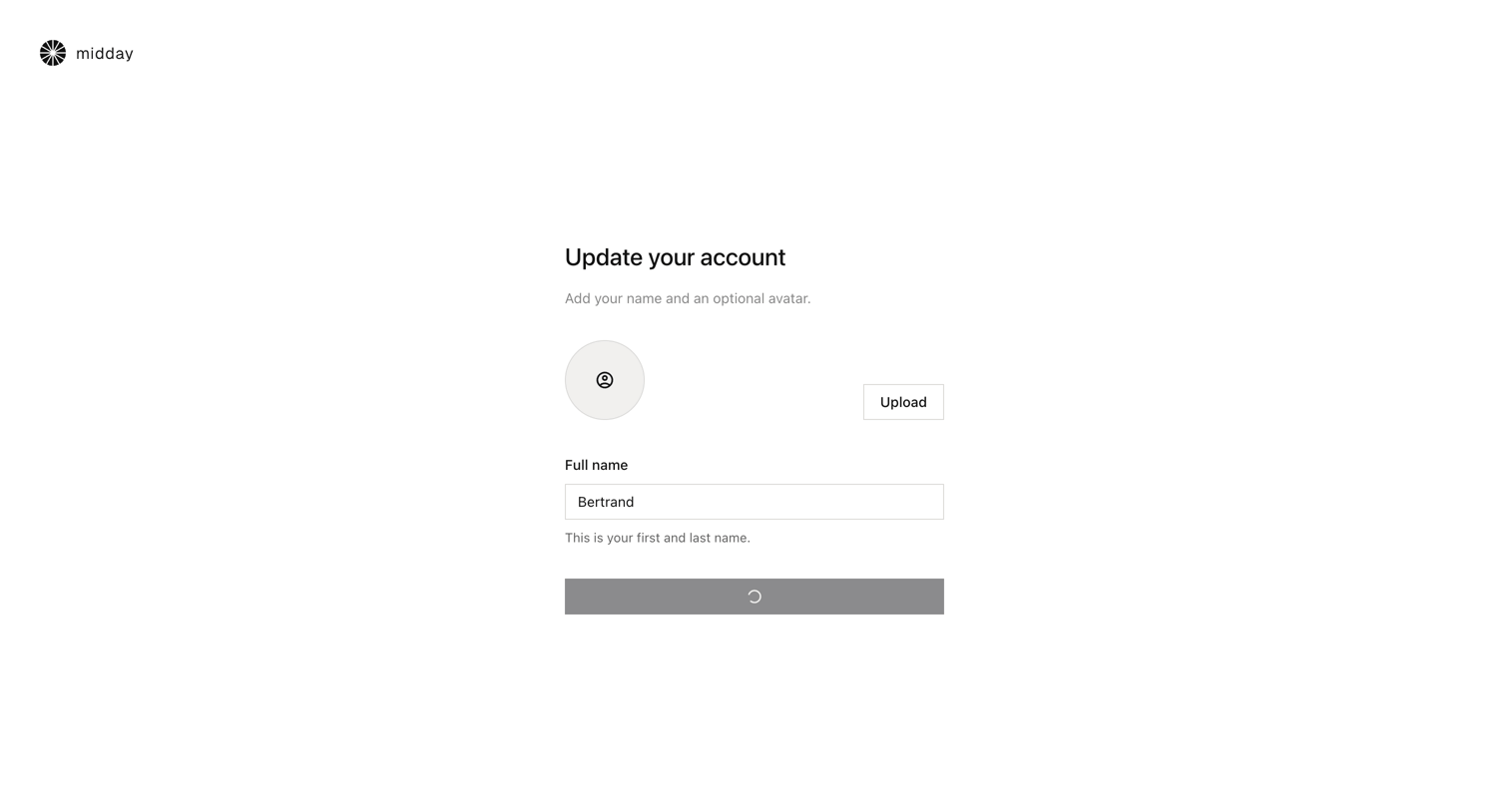 Midday - Setup account | Midday screen