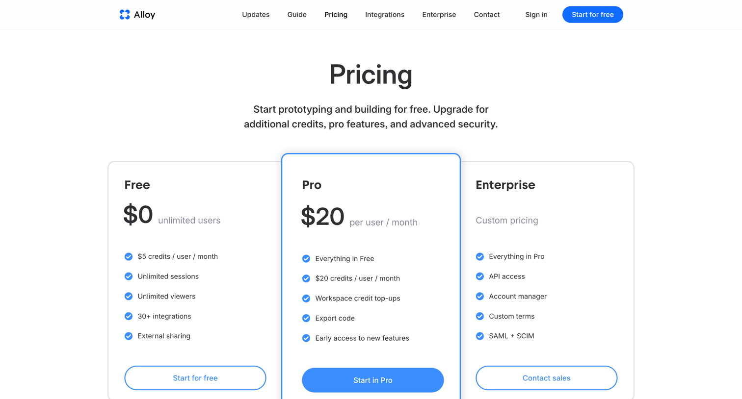 Alloy - Pricing screen