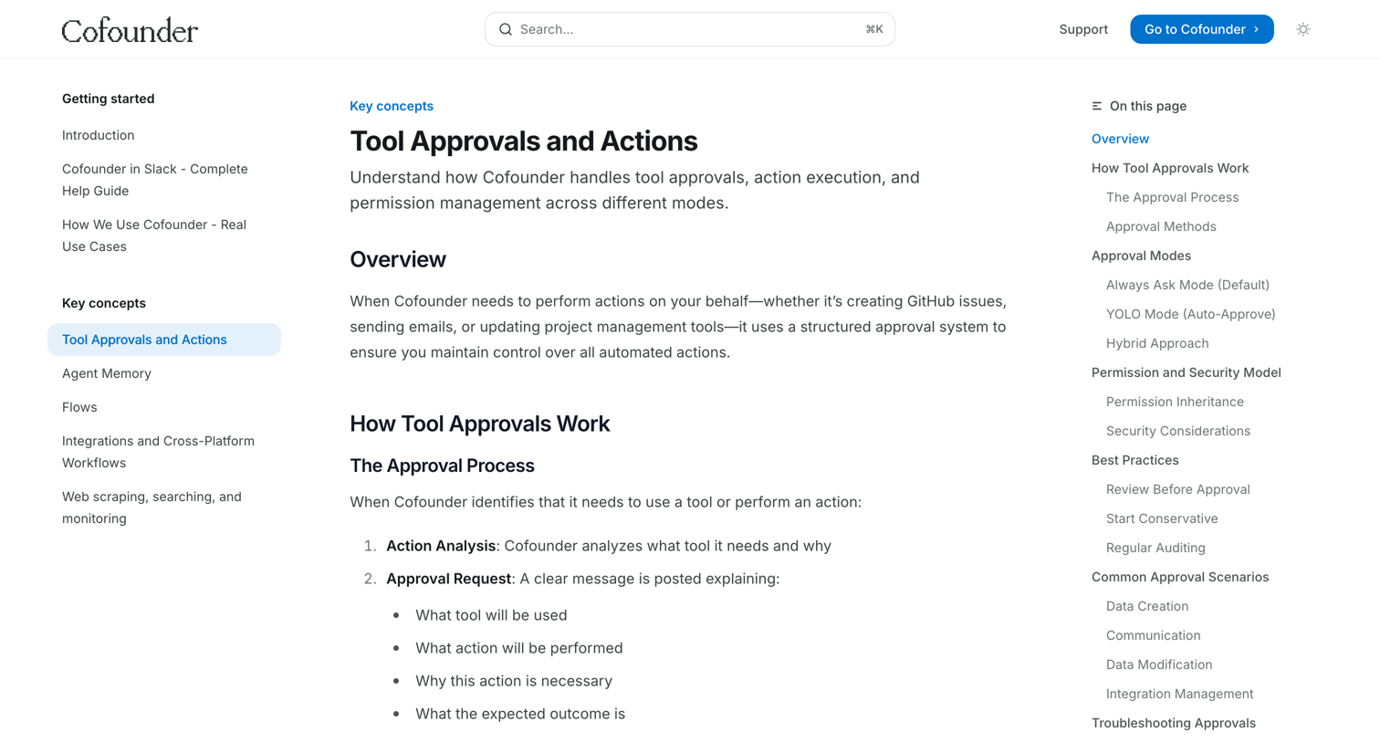 Cofounder - Tool Approvals and Actions - Documentation screen