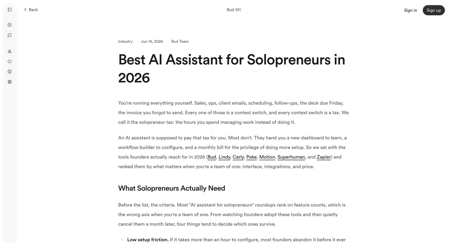 Bud - Best AI Assistant for Solopreneurs in 2026 - Bud screen