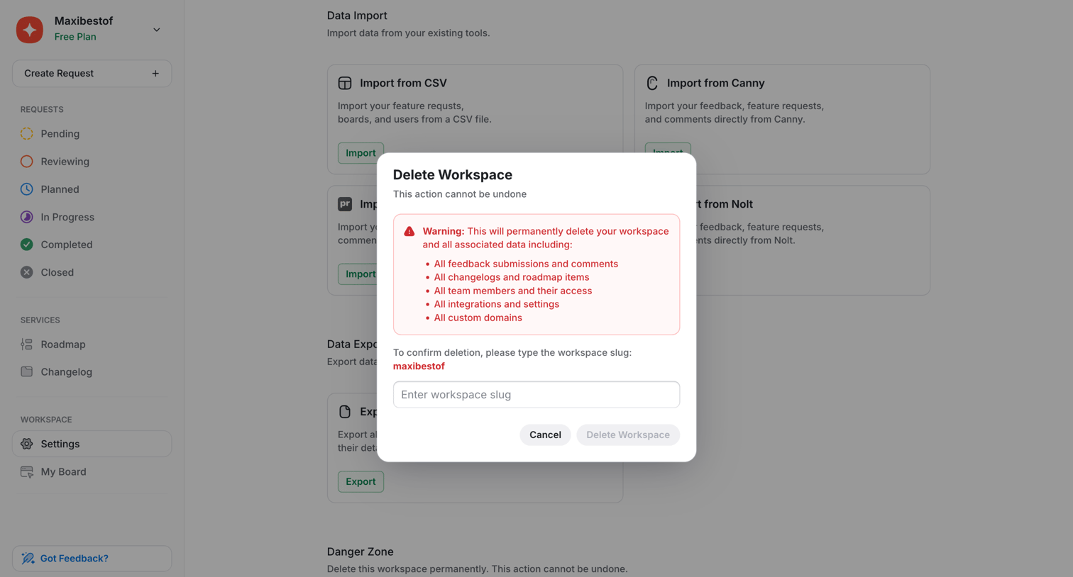 UserJot - Data Settings | UserJot screen