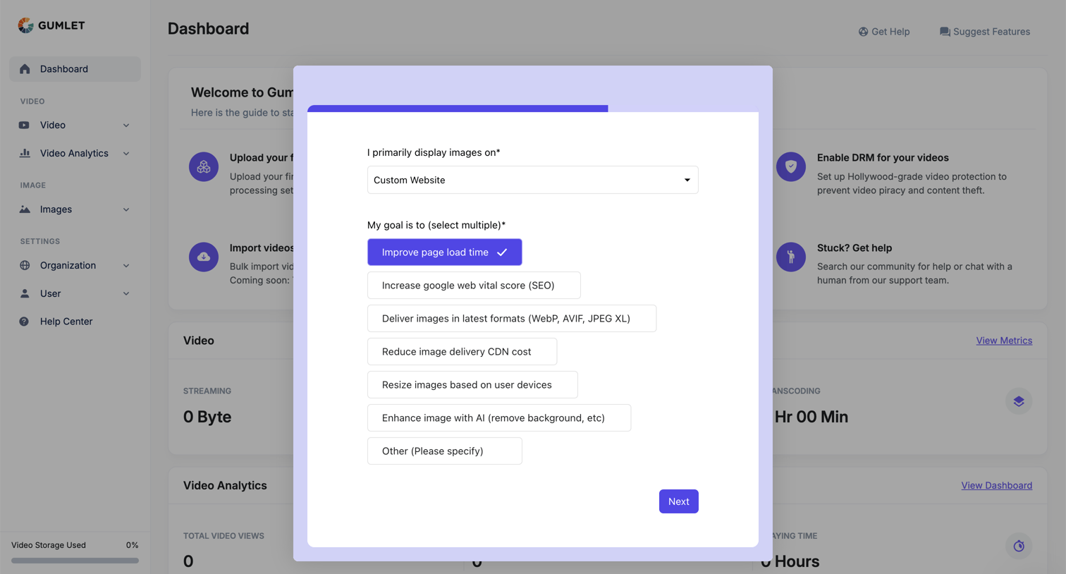 Gumlet - Dashboard - Gumlet screen