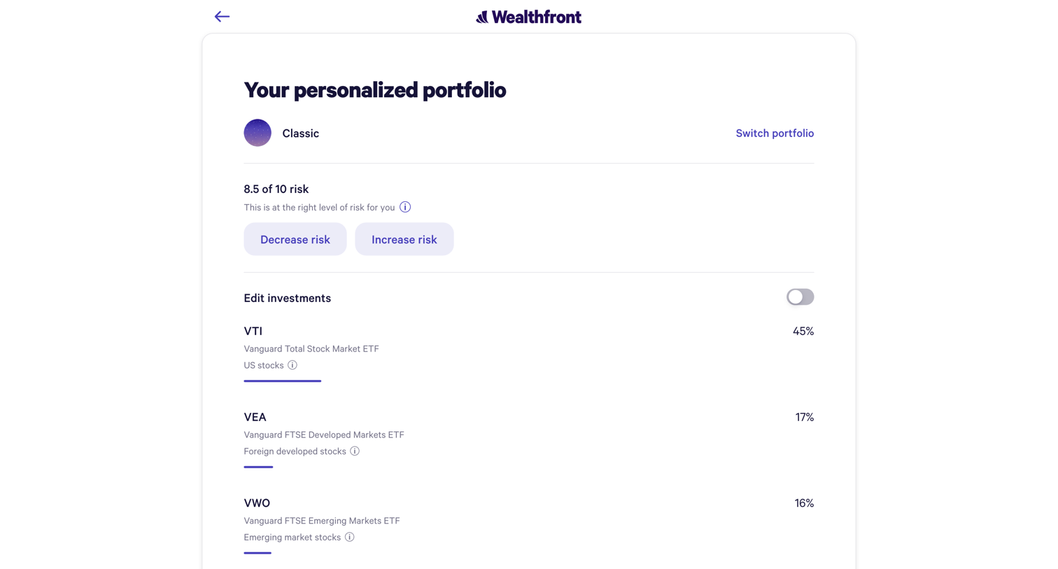 Wealthfront - Your personalized portfolio - Wealthfront screen