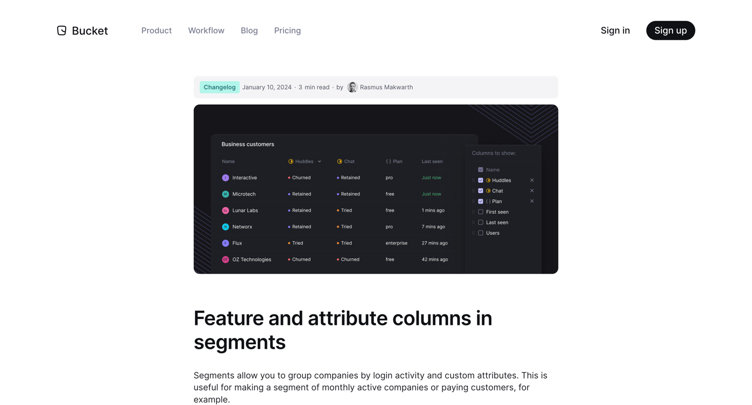 Bucket - Feature and attribute columns in segments screen