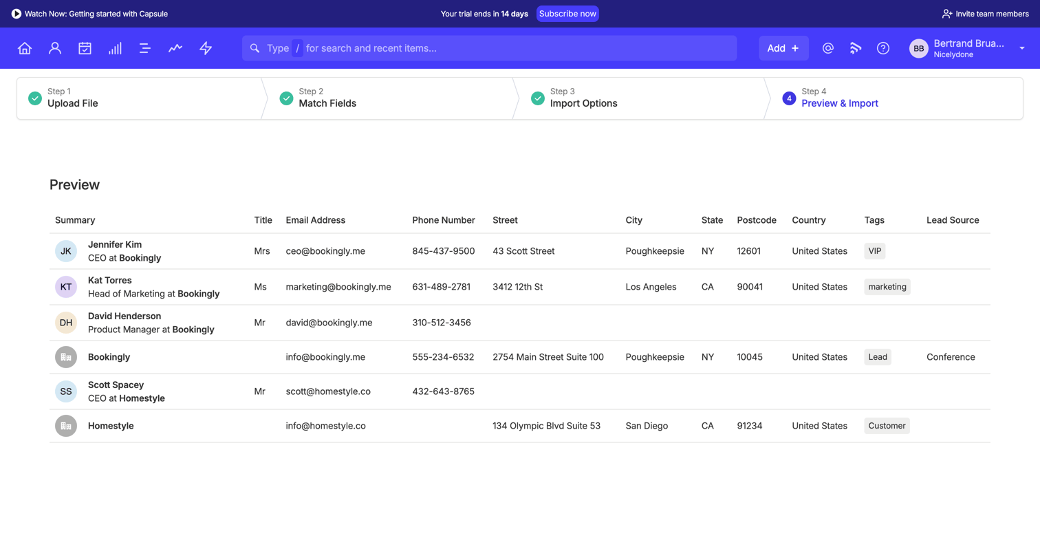 Capsule - Preview | Import | Nicelydone CRM screen