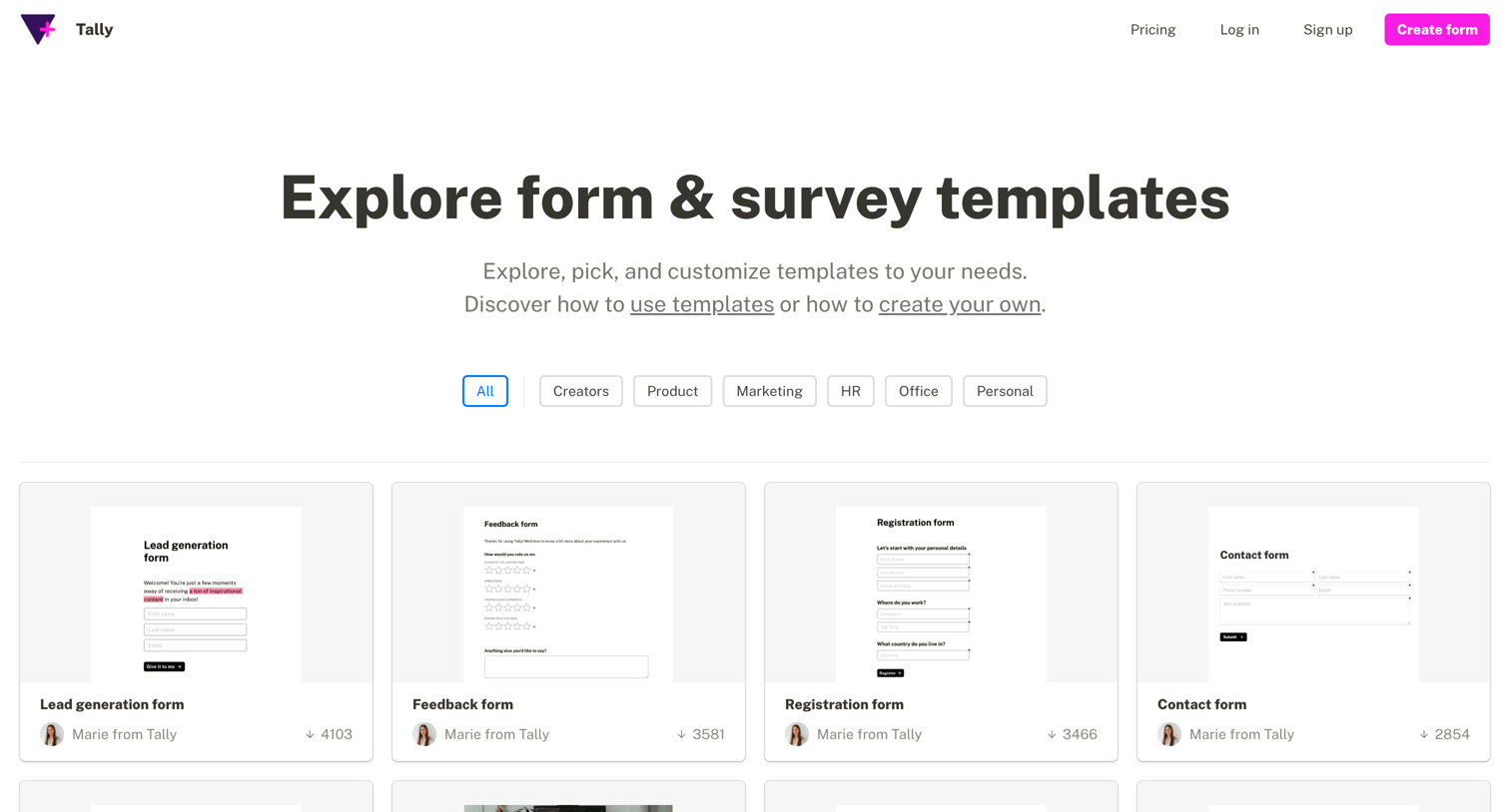 Tally - Form templates - Tally screen