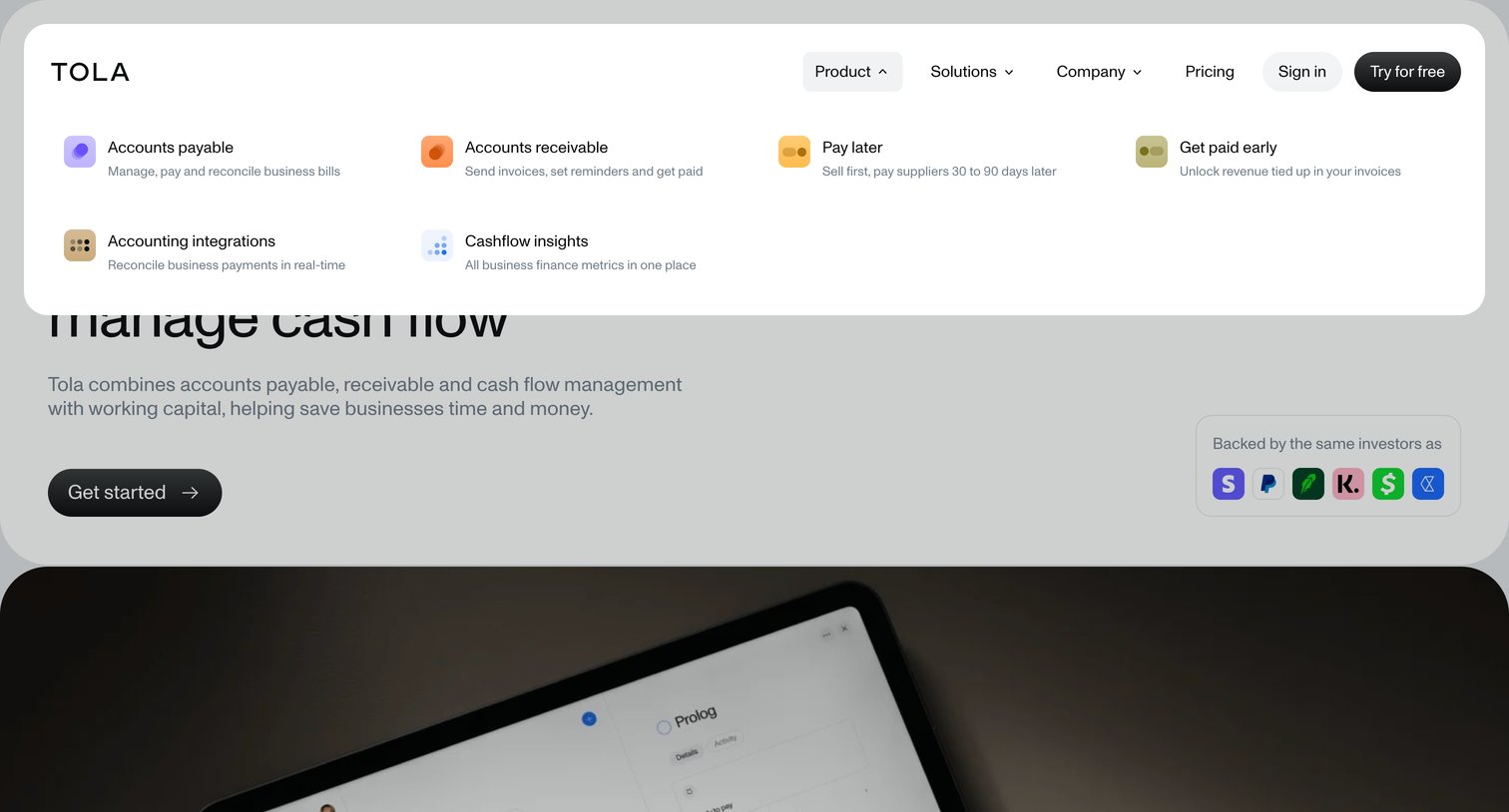 Tola - Tola - Accounts payable, accounts receivable and cash flow manage screen