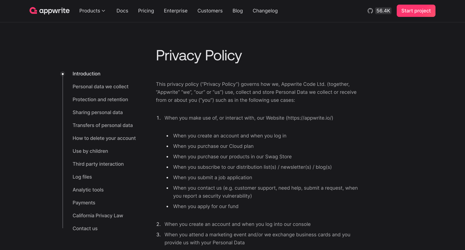 Appwrite - Privacy Policy - Appwrite screen