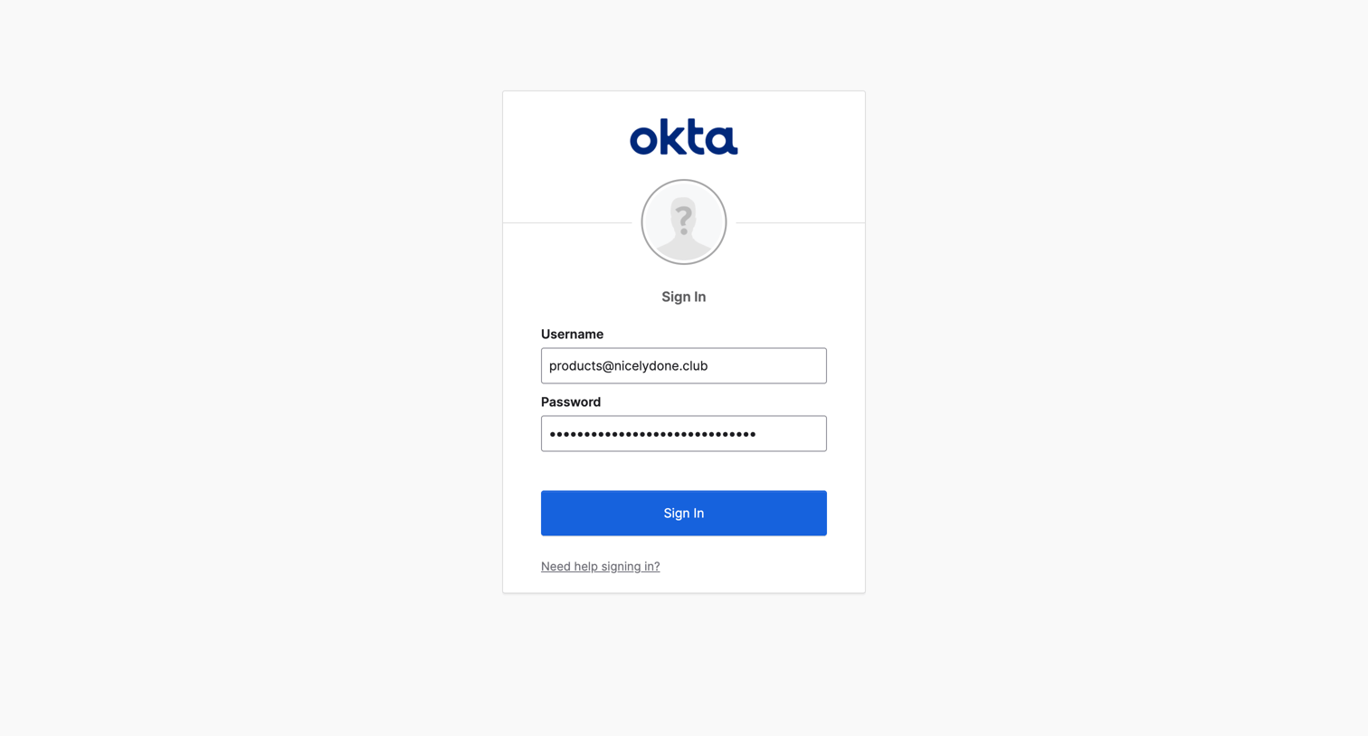 Okta - Sign In screen