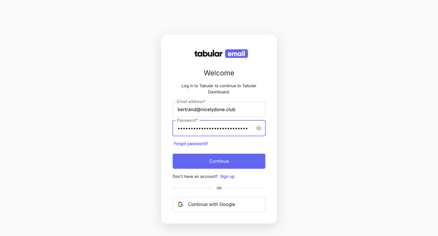 Tabular - Log in | Tabular Dashboard screen