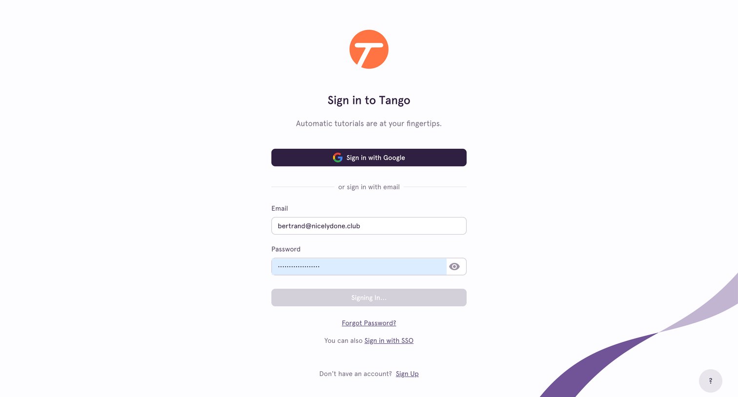 Tango - Sign In screen
