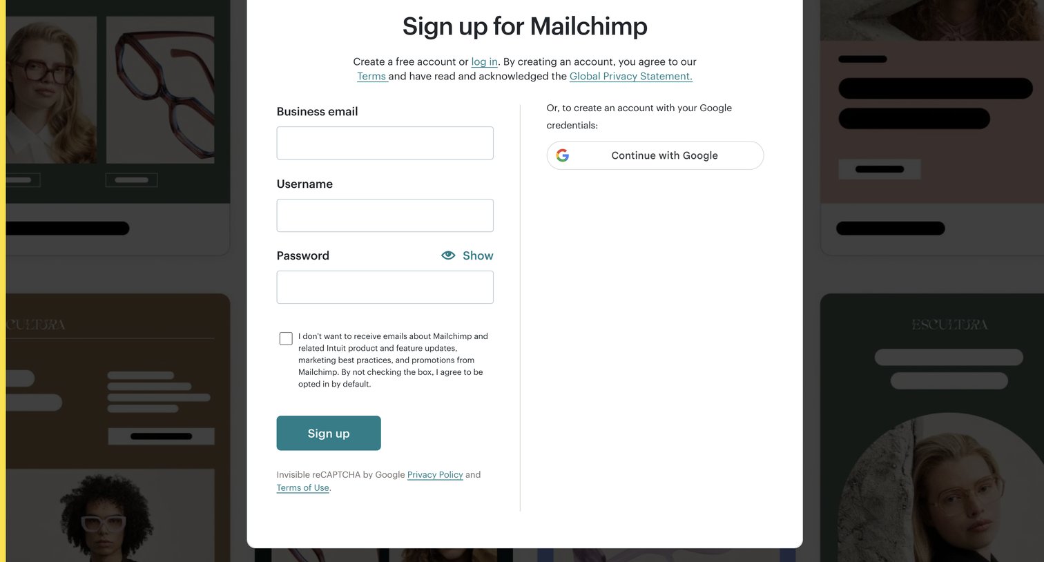 Mailchimp - Sign Up for Mailchimp screen