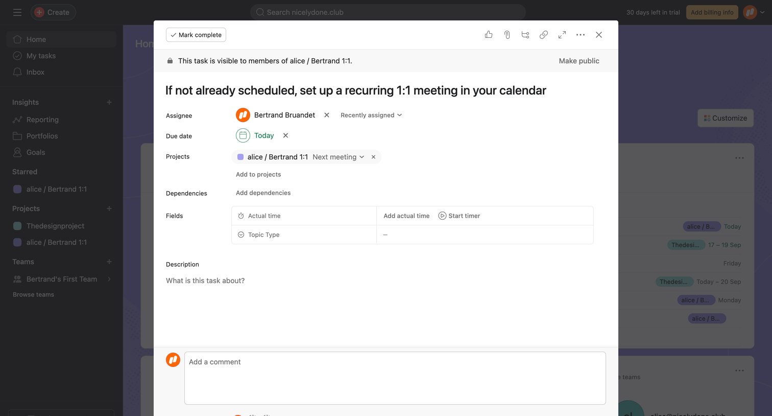 Asana - Home - If not already scheduled, set up a recurring 11 meeting in screen