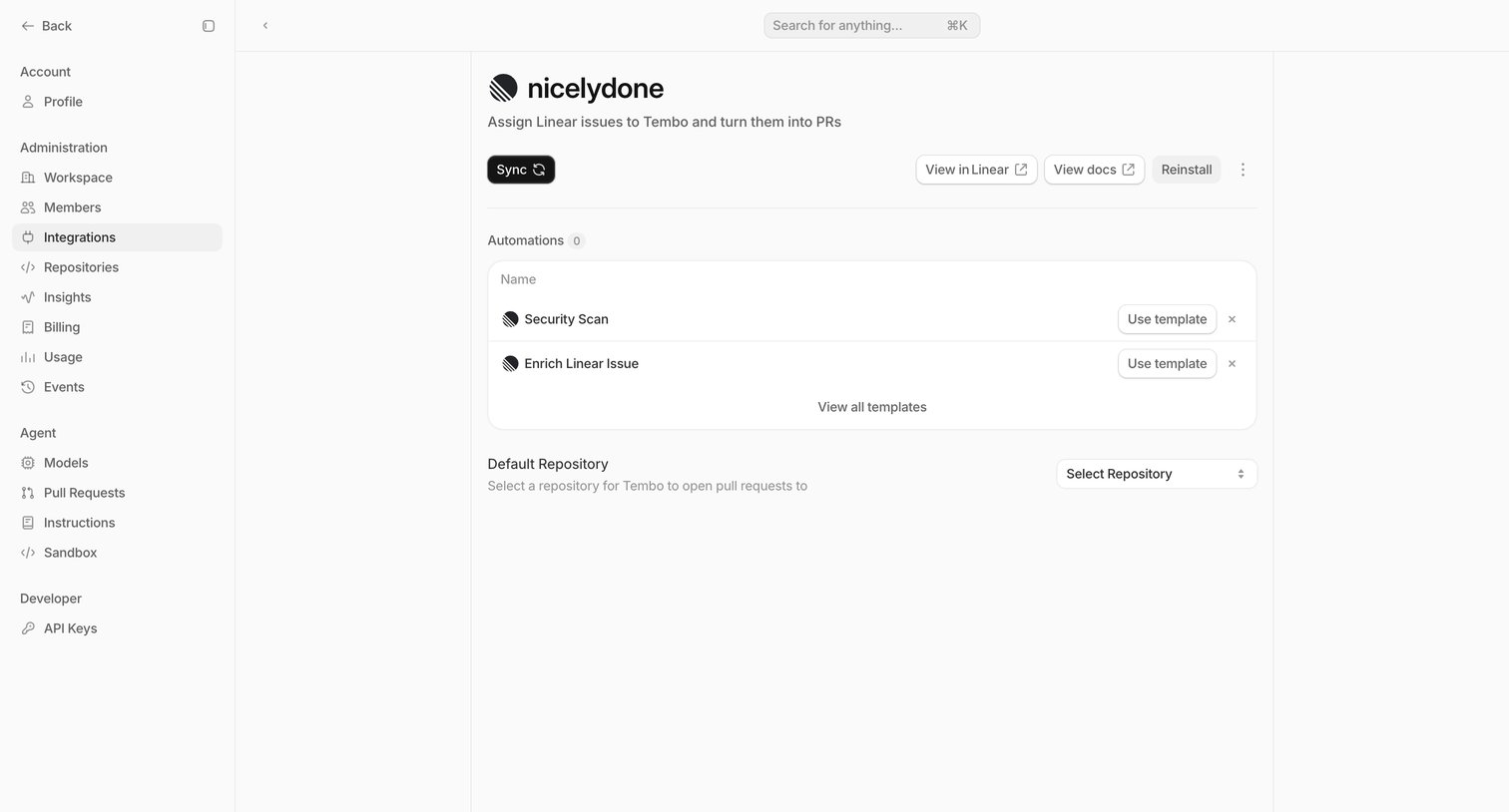 Configure Integration — Tembo from Tembo