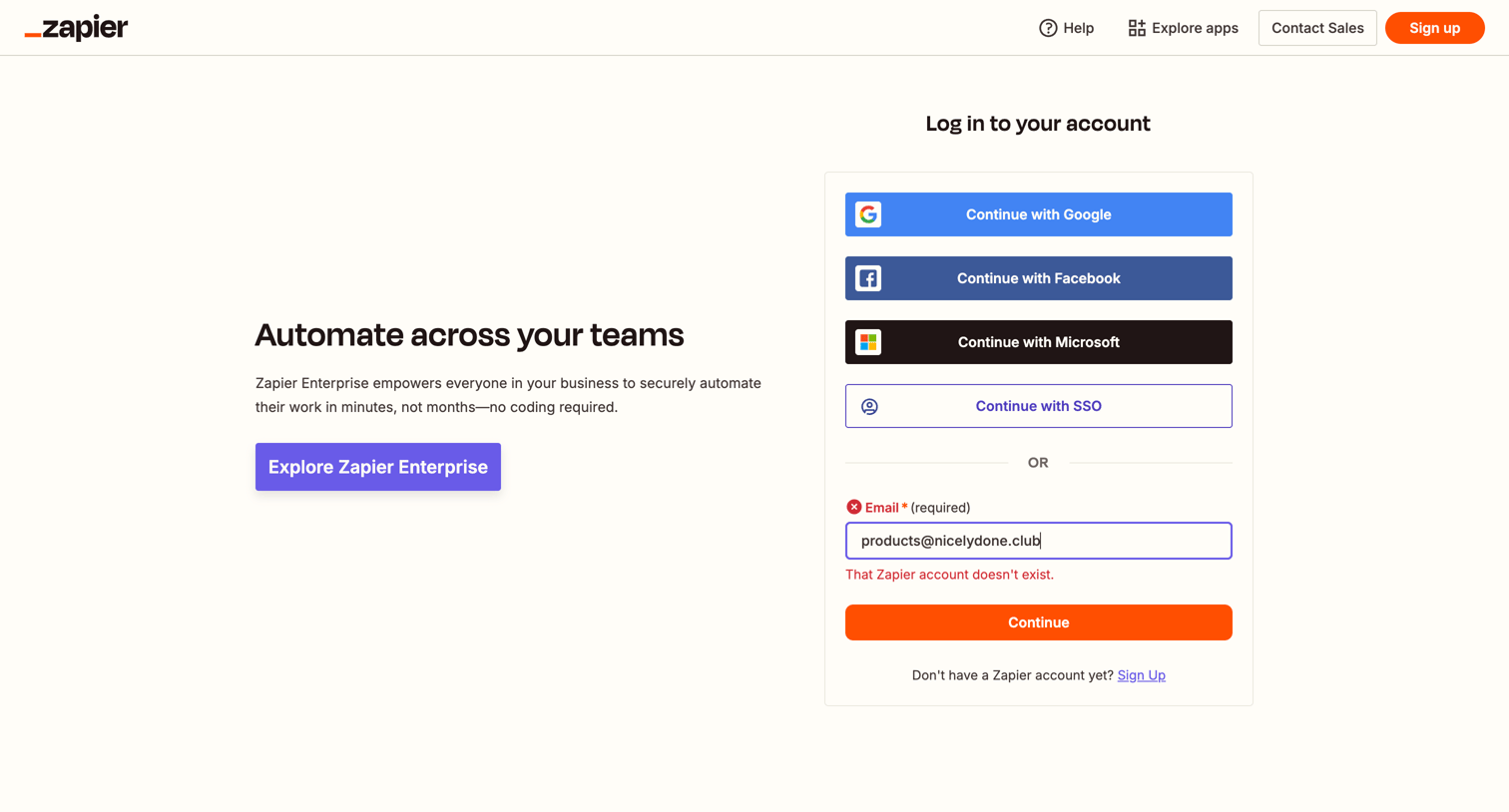 Zapier - Login | Zapier screen