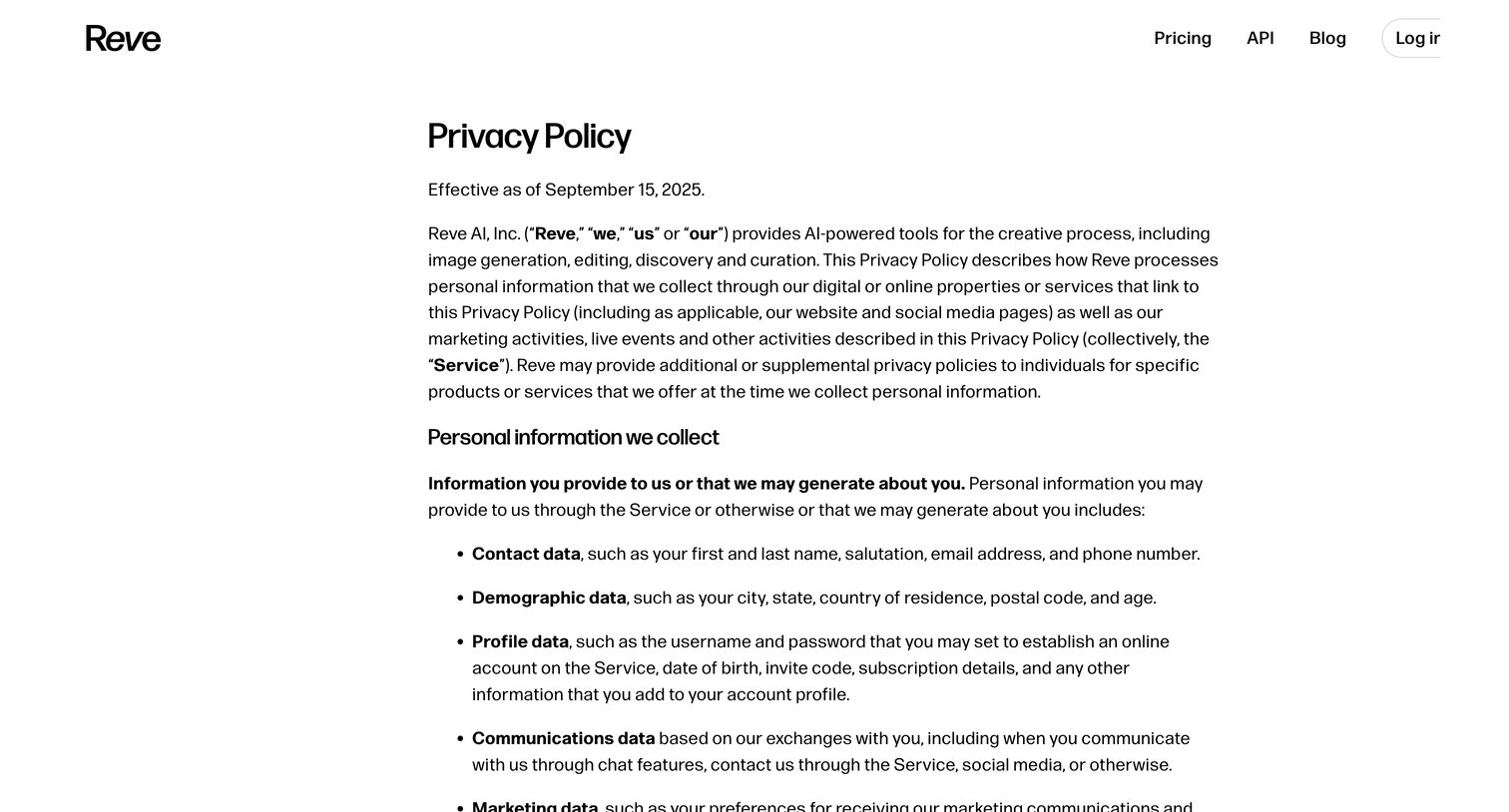 Reve - Privacy policy screen