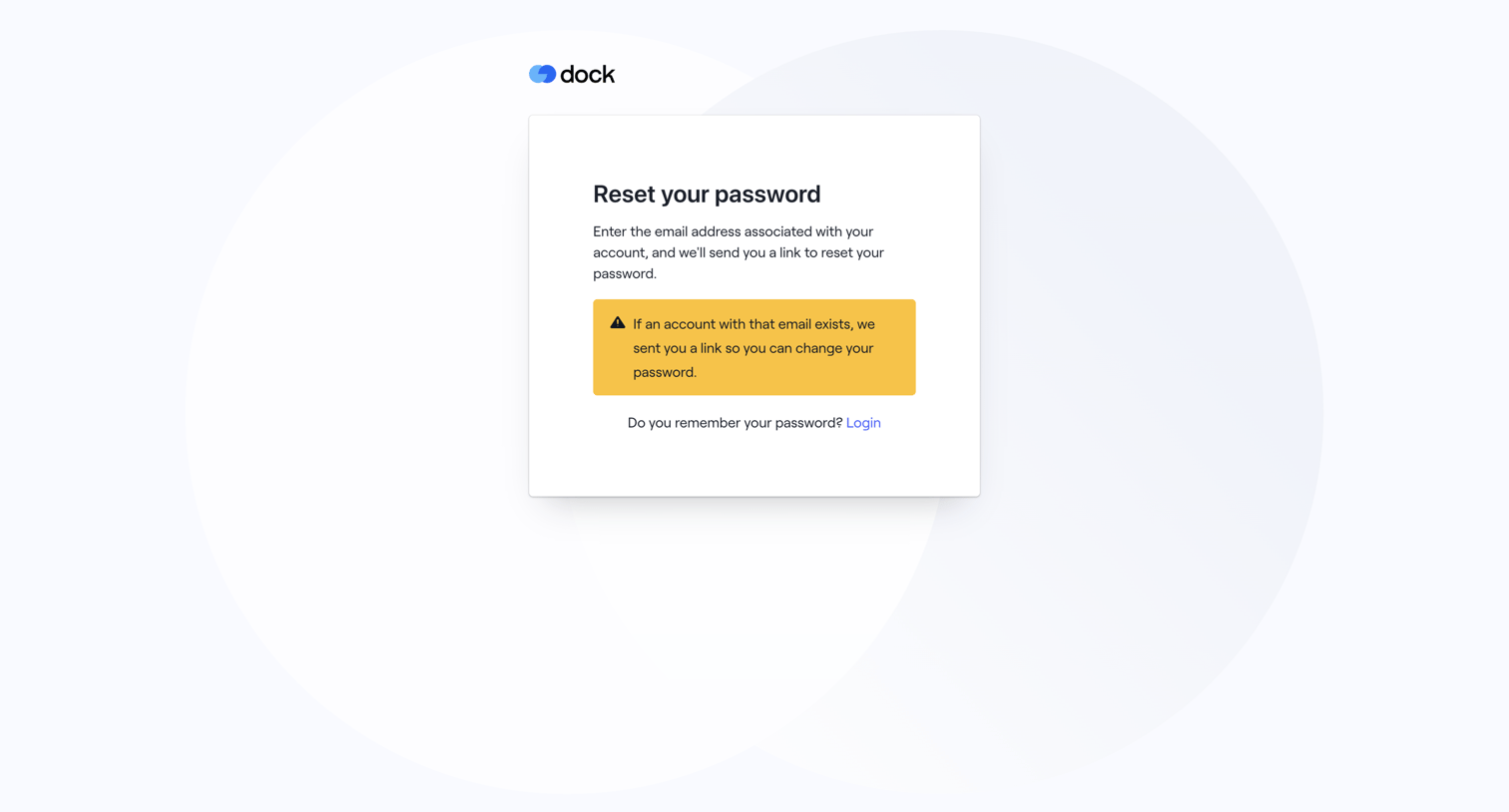 Dock - Forgot password · Dock screen