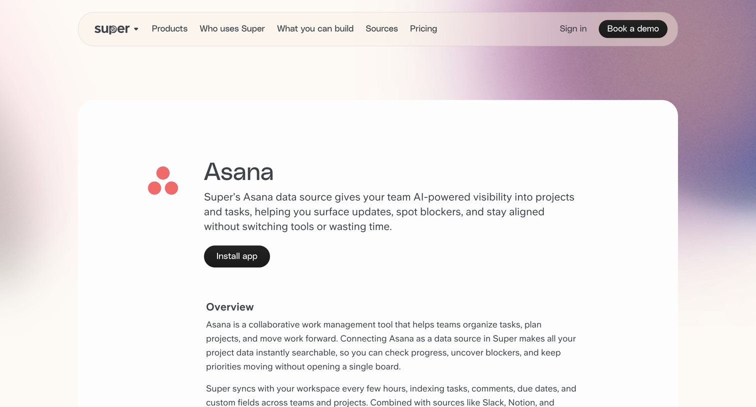 Super - Asana data source for Super Smarter Project Tracking, Instantly screen