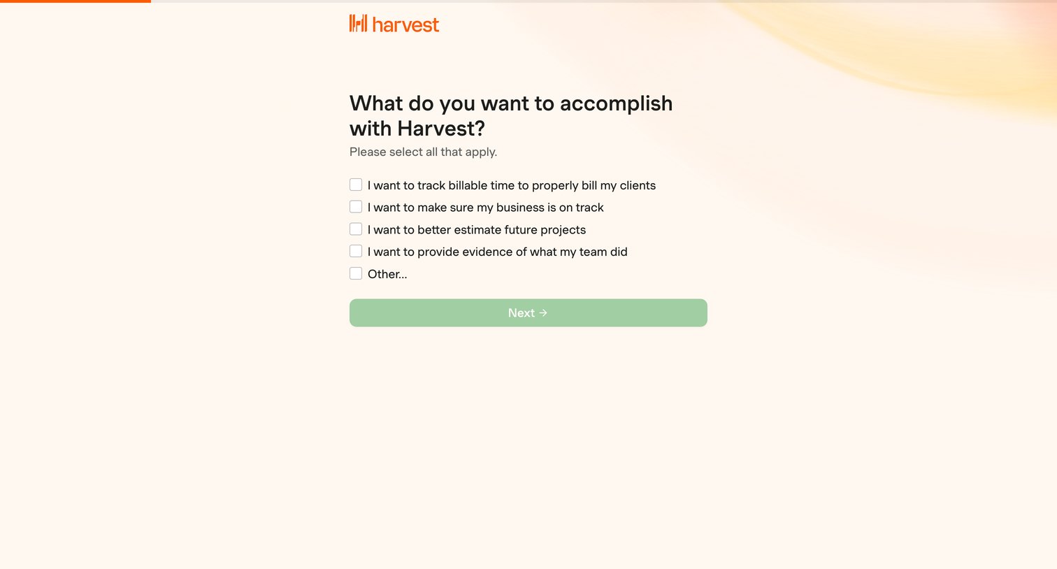 Harvest - Welcome to Harvest screen