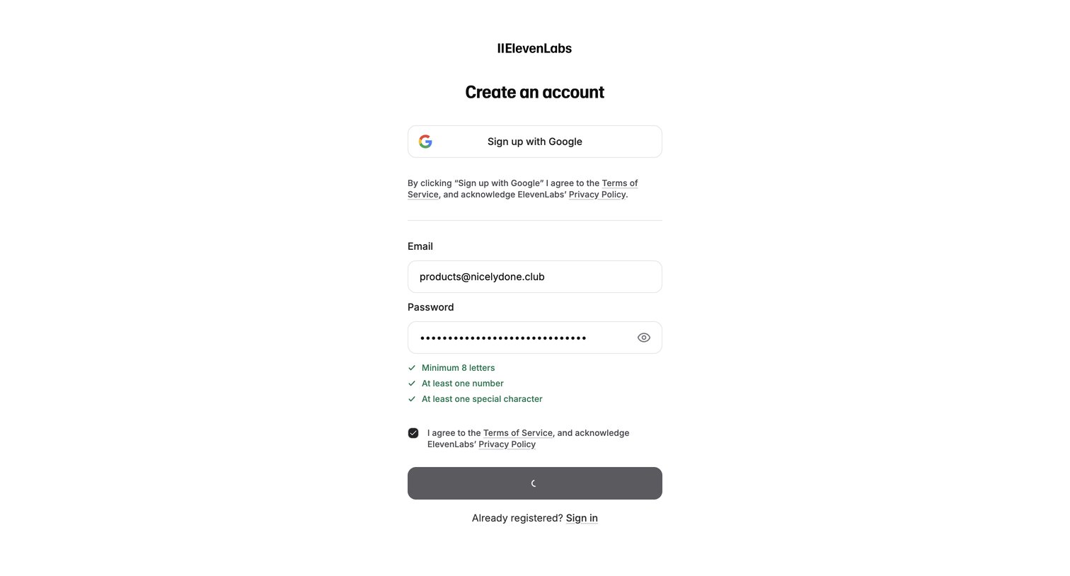 Elevenlabs - Sign Up | ElevenLabs screen