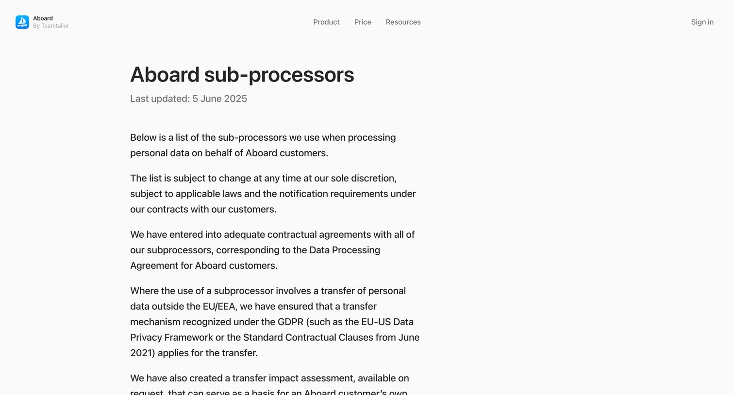 Aboard - Sub-processors — Aboard screen