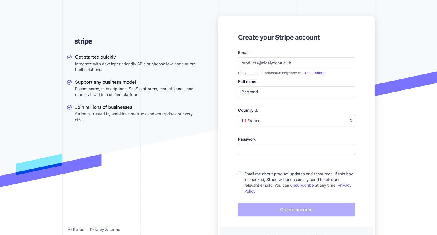 Stripe - Sign Up and Create a Stripe Account | Stripe screen