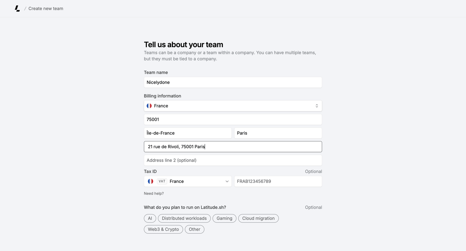 Latitude.sh - Create Team – Dashboard - Latitude.sh screen