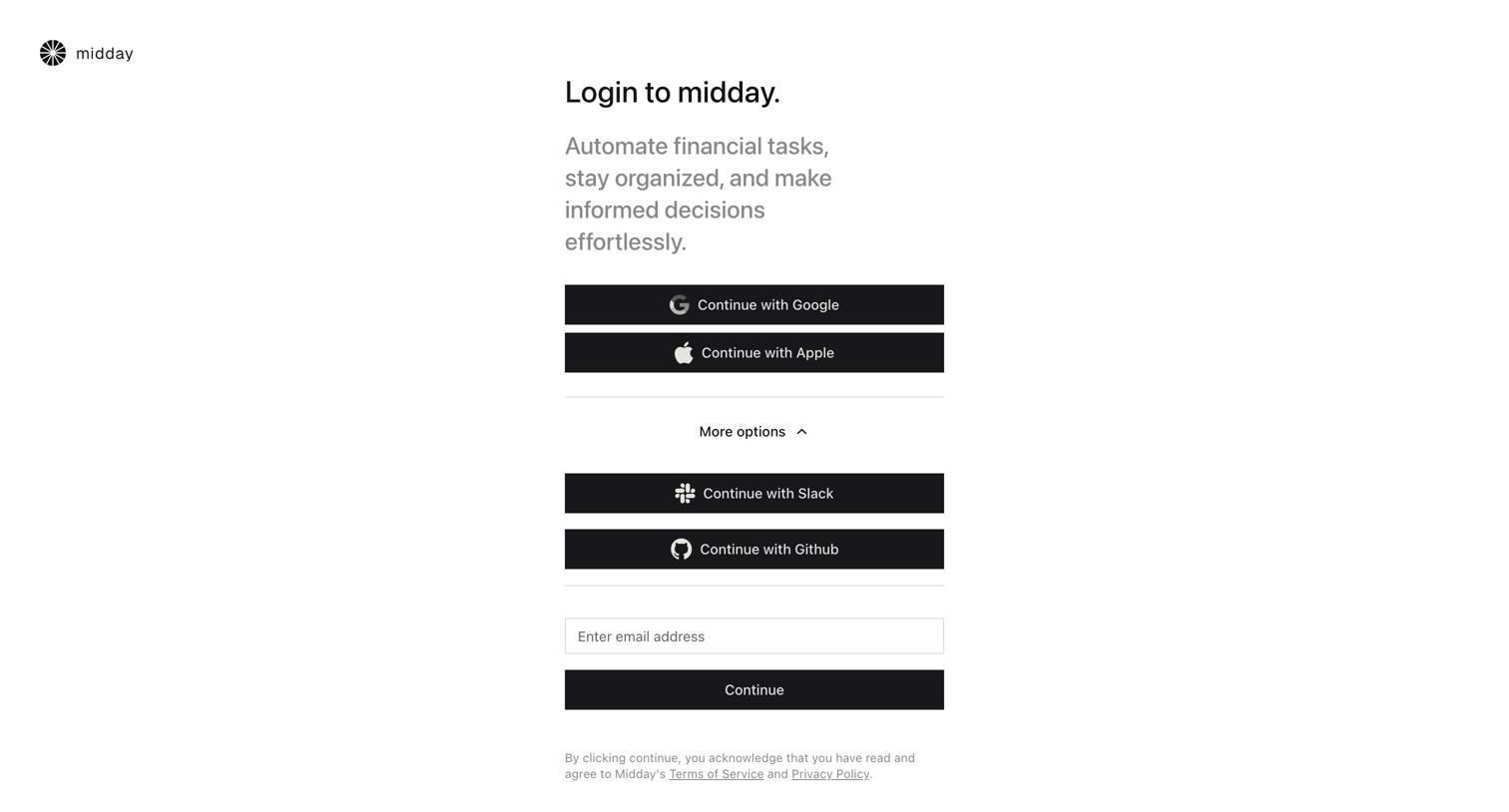 Midday - Login | Midday screen