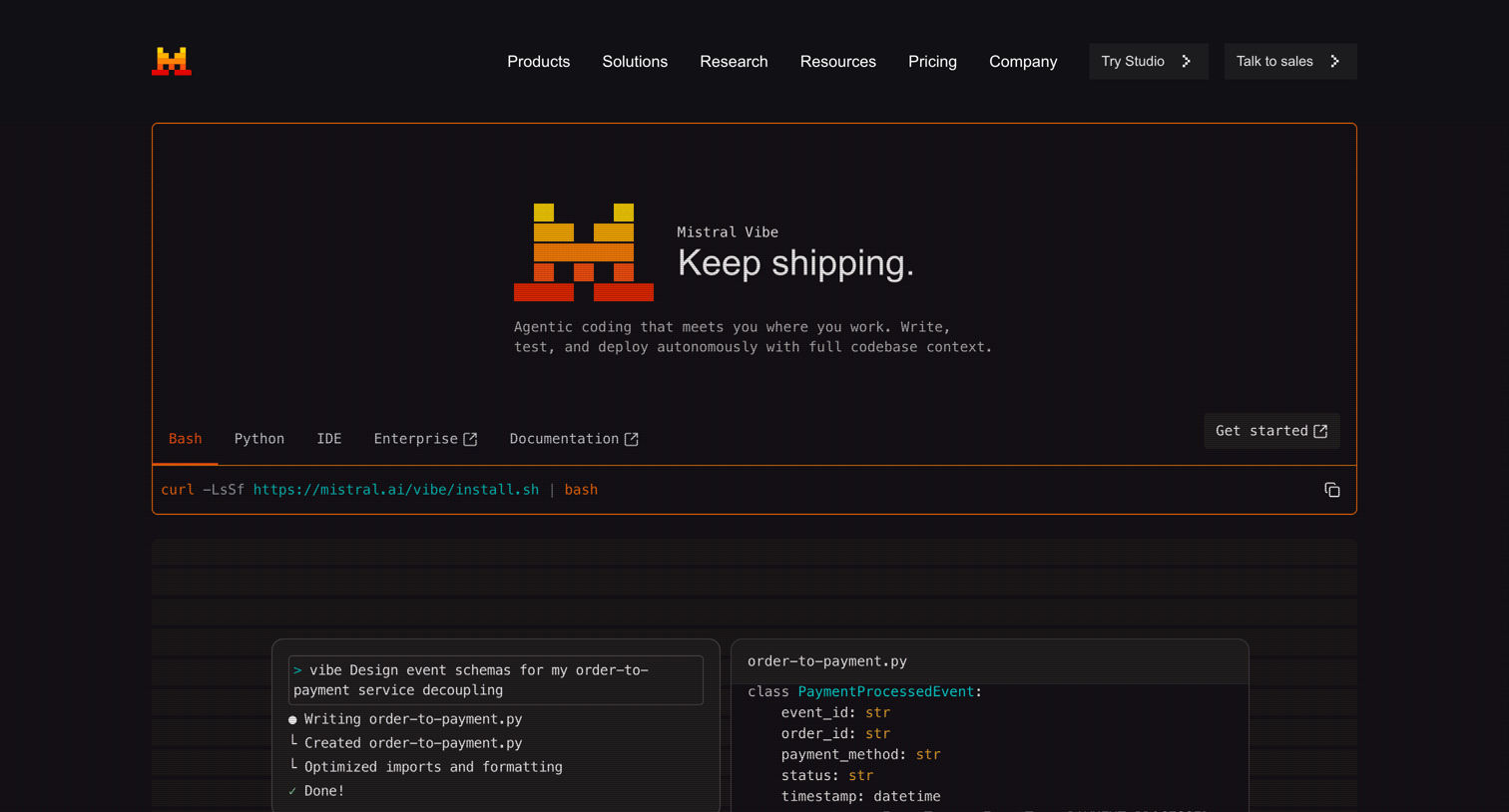 Mistral - AI coding agents for enterprises  Mistral AI screen