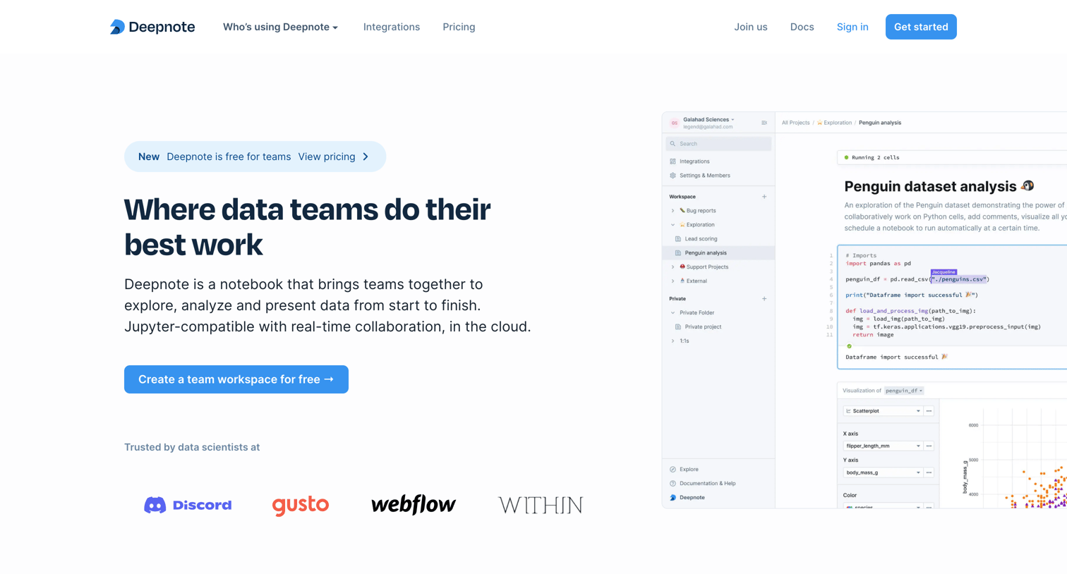 Deepnote - Deepnote - Free plans for teams screen