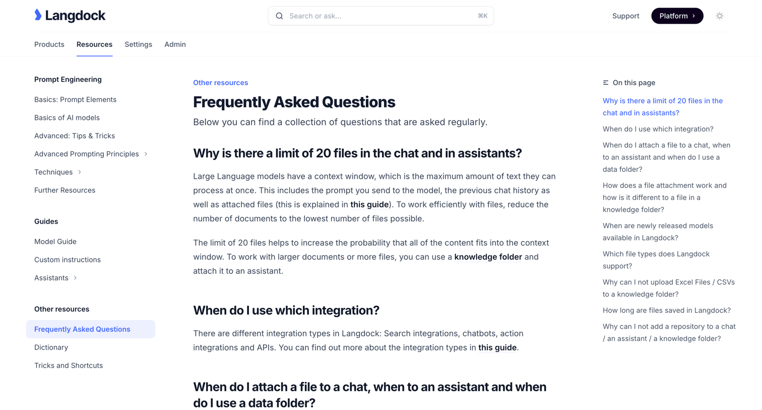 Langdock - Frequently Asked Questions - Documentation screen