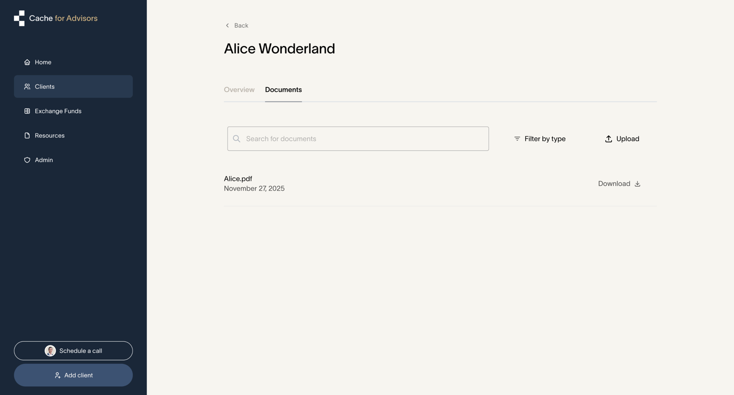 Cache - Cache – Client details | Cache for Advisors screen