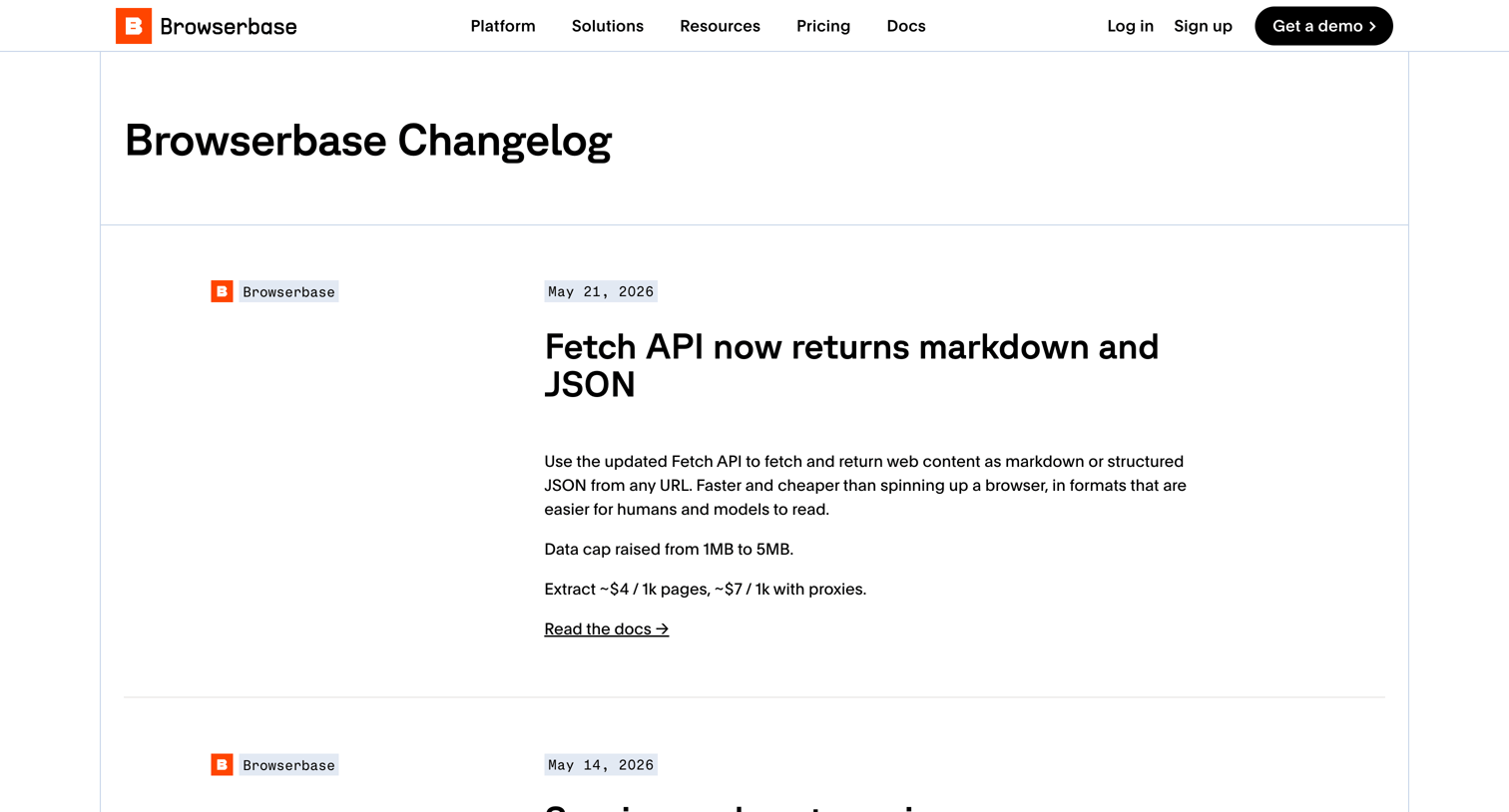 Browserbase - Changelog Browserbase screen