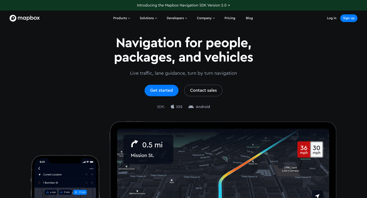 Mapbox - Navigation for people, packages, and vehicles screen